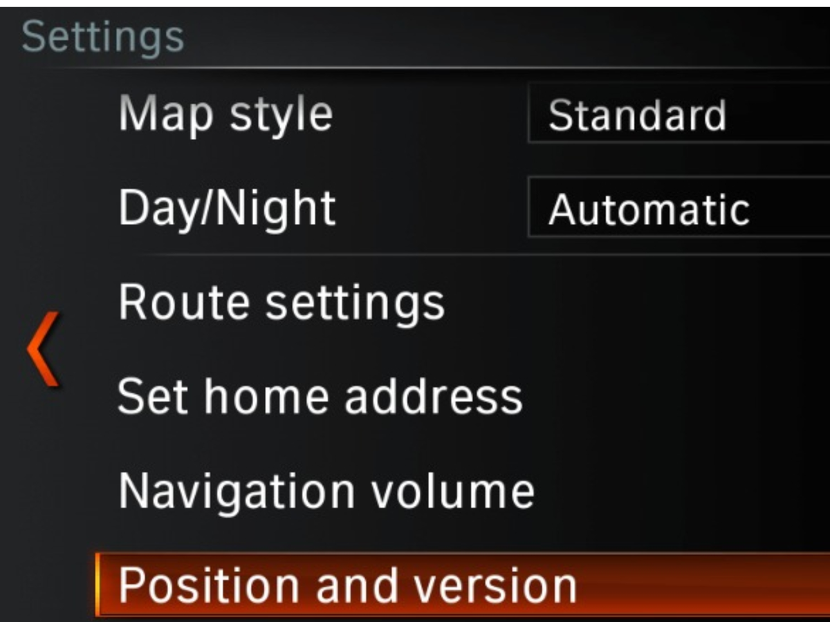 BMW iDrive navigation settings menu with Position and version selected