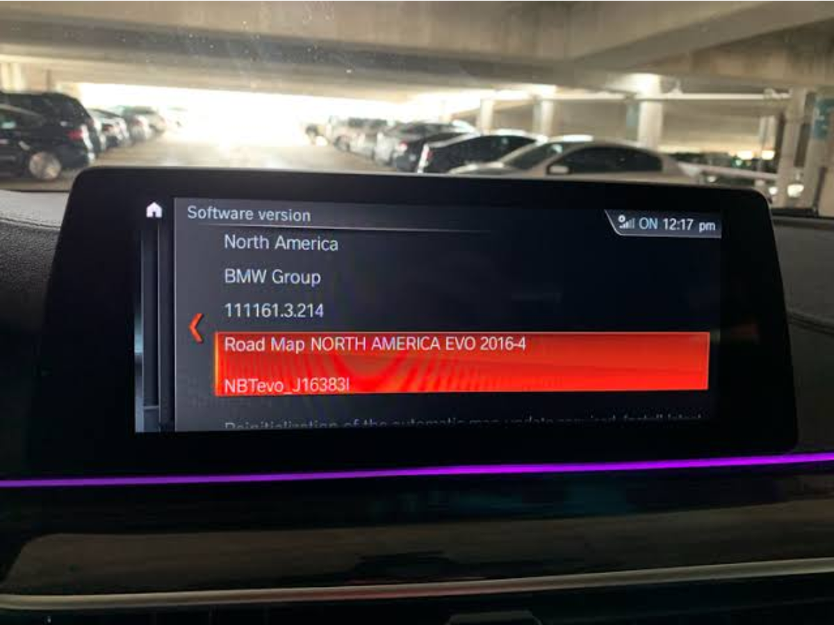 BMW iDrive software version screen showing the NBTevo code